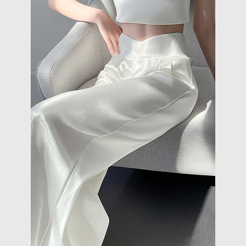 New Fashion White Satin Straight Pants Women Elegant Casual High Waist Solid Color Autumn Wide Leg Trousers Office Lady