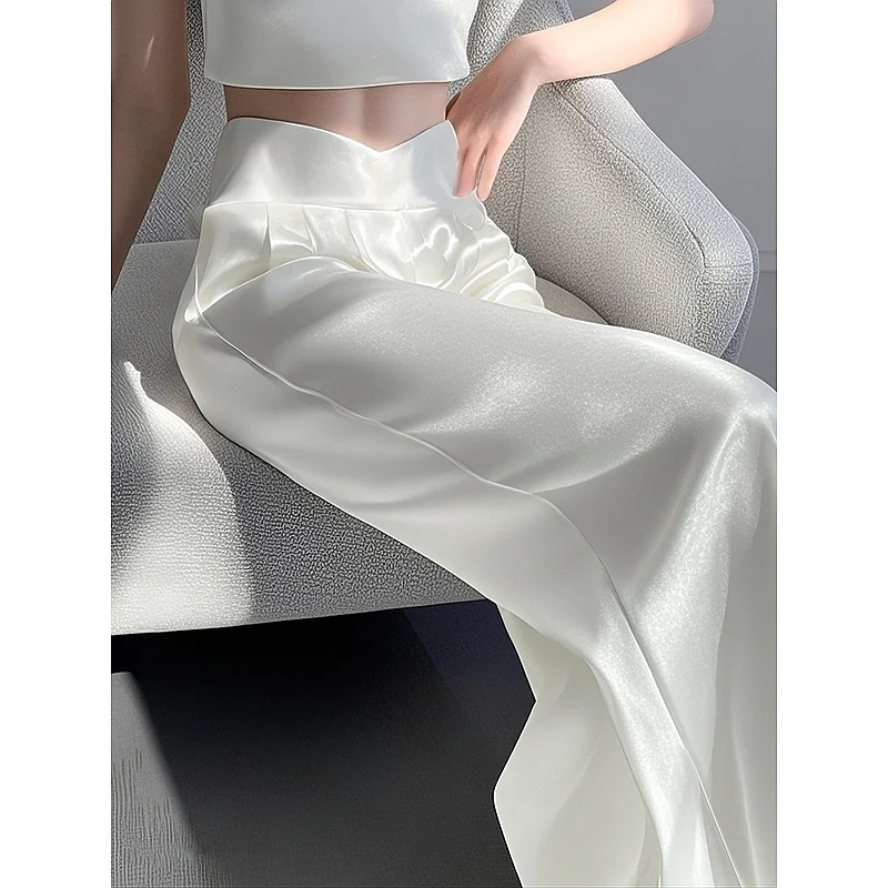 New Fashion White Satin Straight Pants Women Elegant Casual High Waist Solid Color Autumn Wide Leg Trousers Office Lady