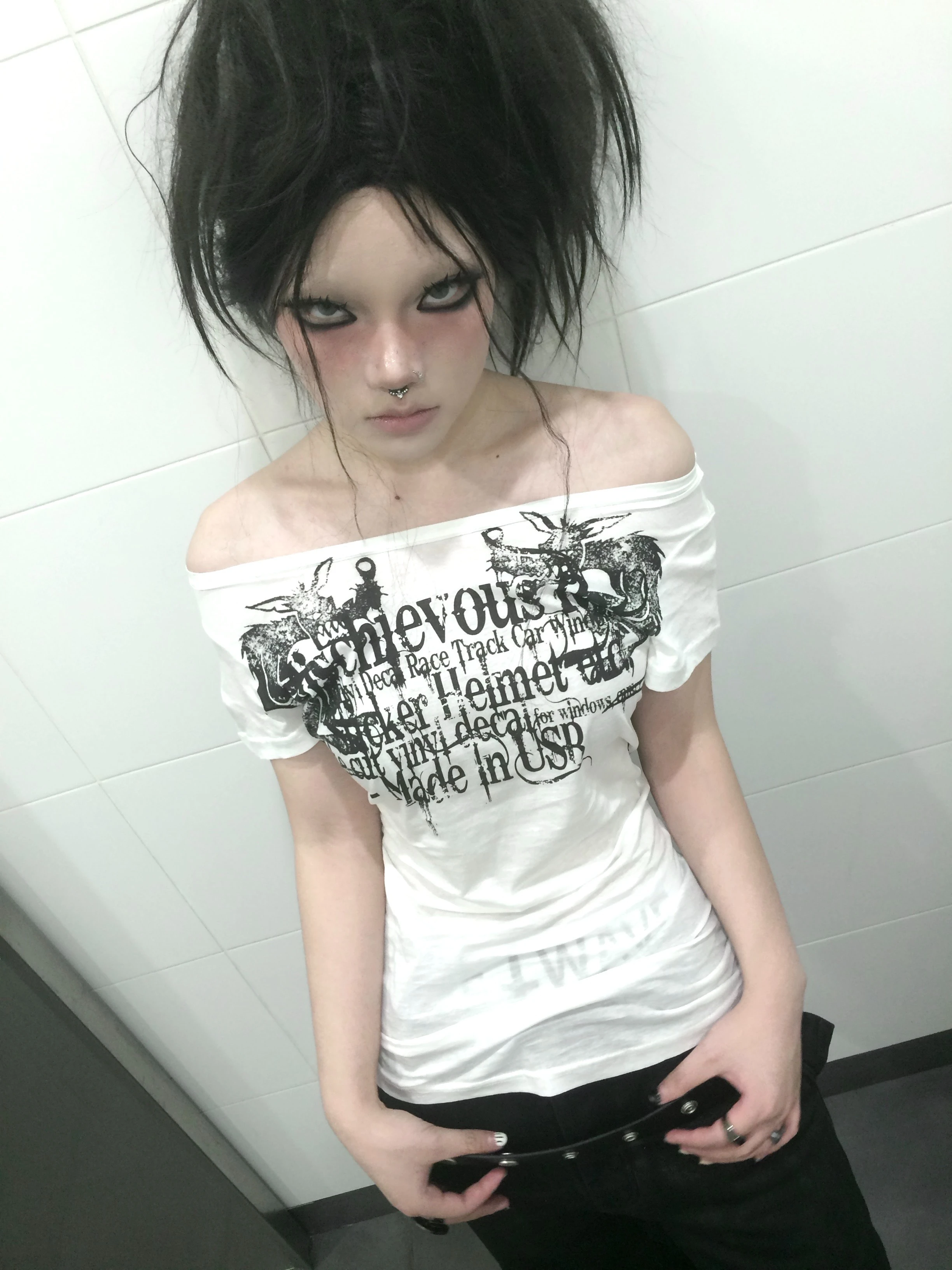 Karrcat Grunge Aesthetics Tattoo Print T-shirt Trashy 2000s Style Letter T Shirt Japanese Y2k White Sheer Tops Gothic Vintage