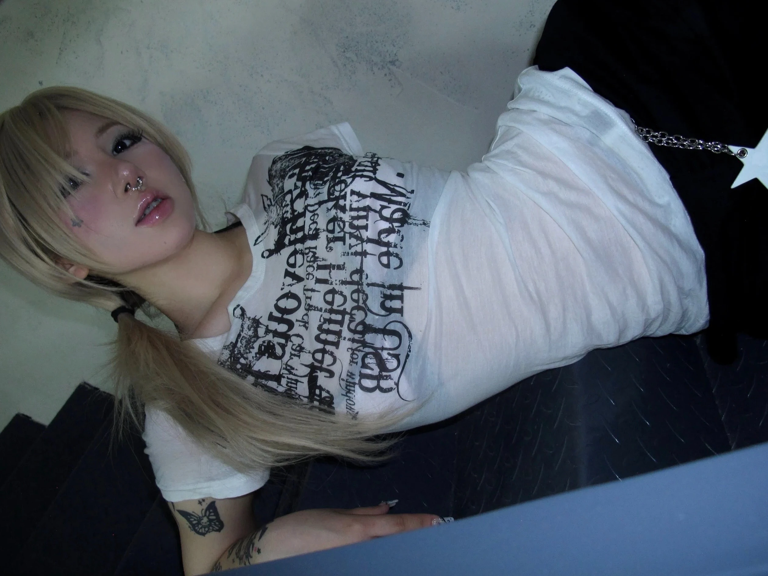 Karrcat Grunge Aesthetics Tattoo Print T-shirt Trashy 2000s Style Letter T Shirt Japanese Y2k White Sheer Tops Gothic Vintage