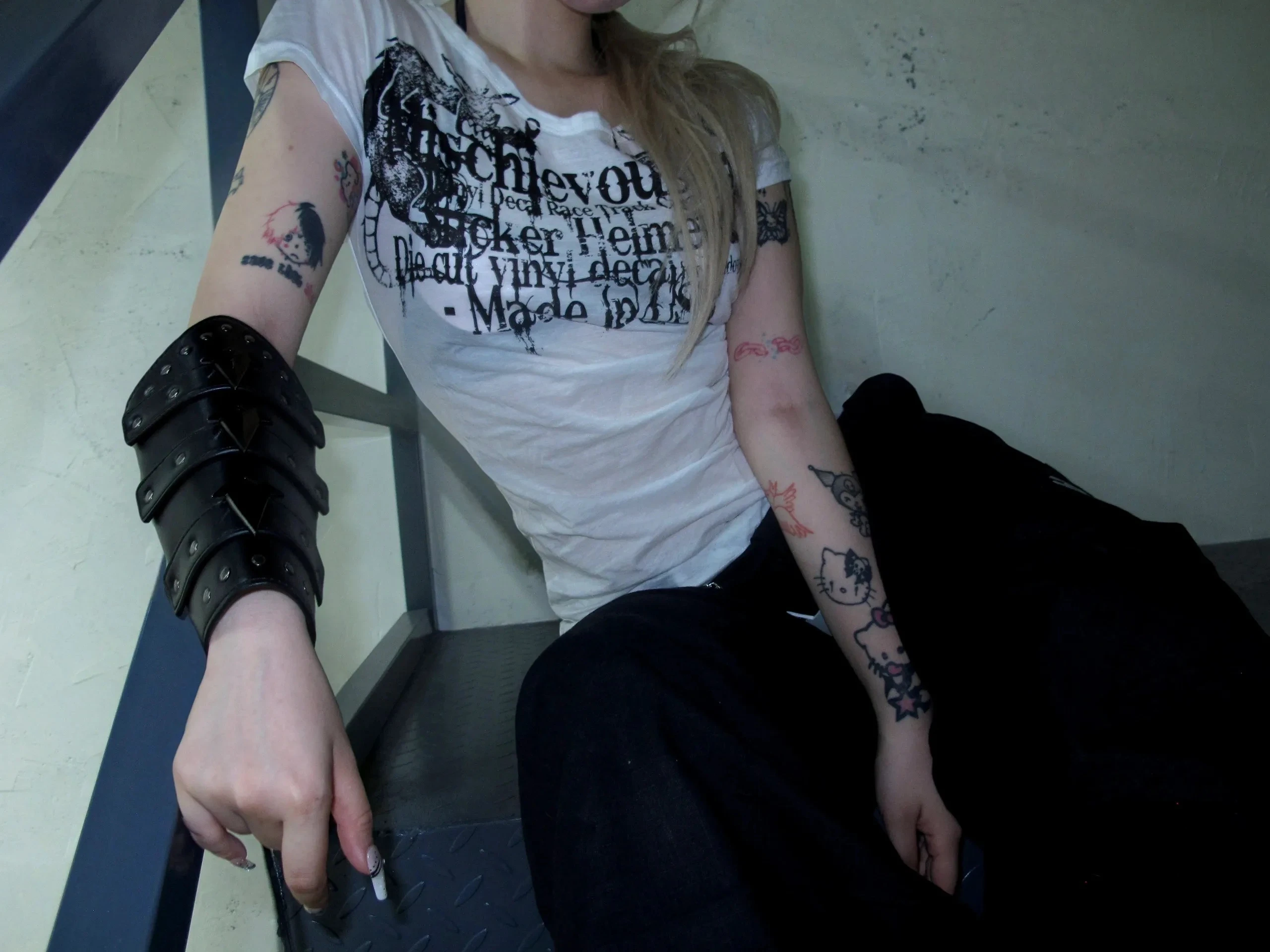 Karrcat Grunge Aesthetics Tattoo Print T-shirt Trashy 2000s Style Letter T Shirt Japanese Y2k White Sheer Tops Gothic Vintage