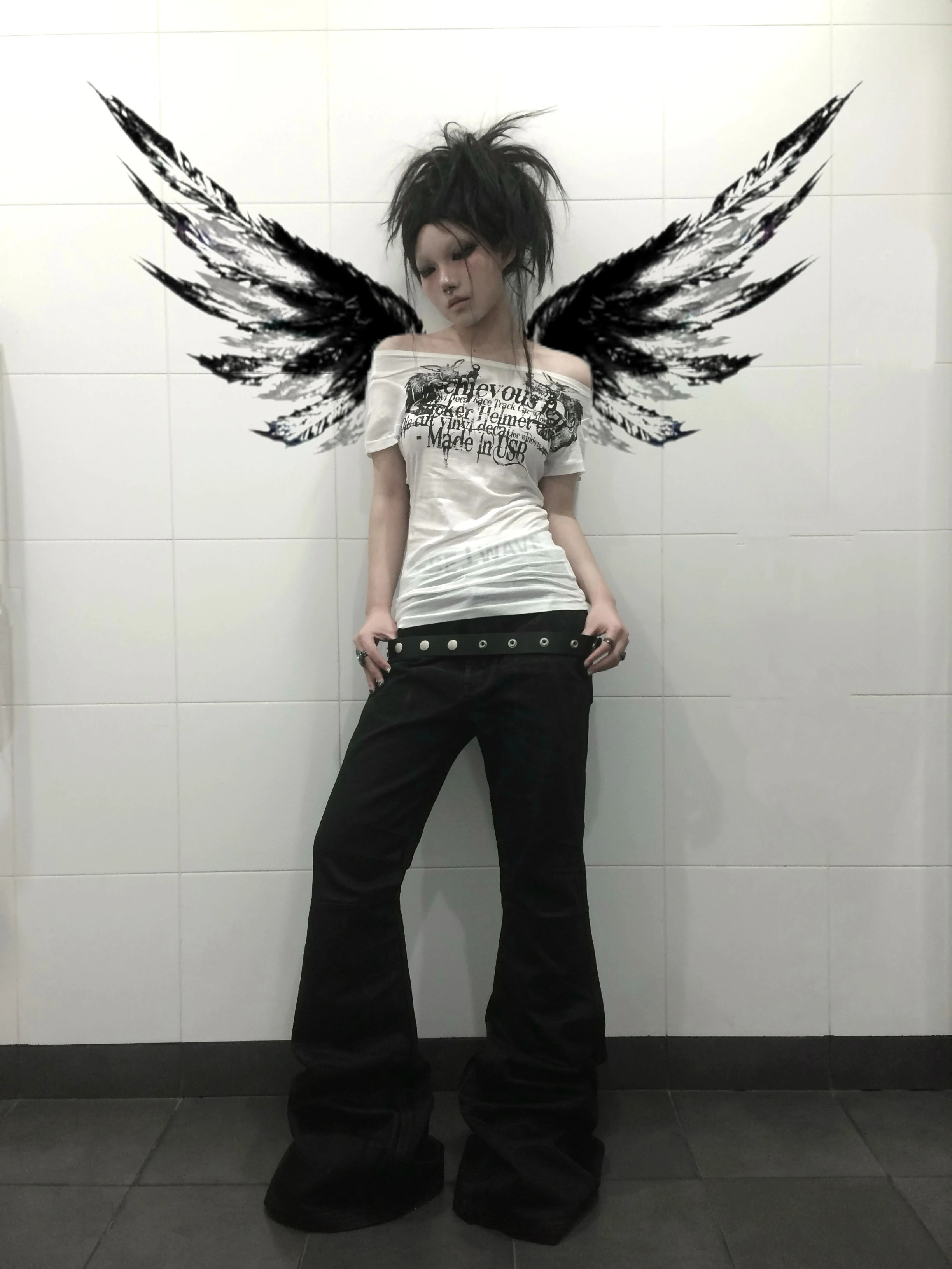 Karrcat Grunge Aesthetics Tattoo Print T-shirt Trashy 2000s Style Letter T Shirt Japanese Y2k White Sheer Tops Gothic Vintage