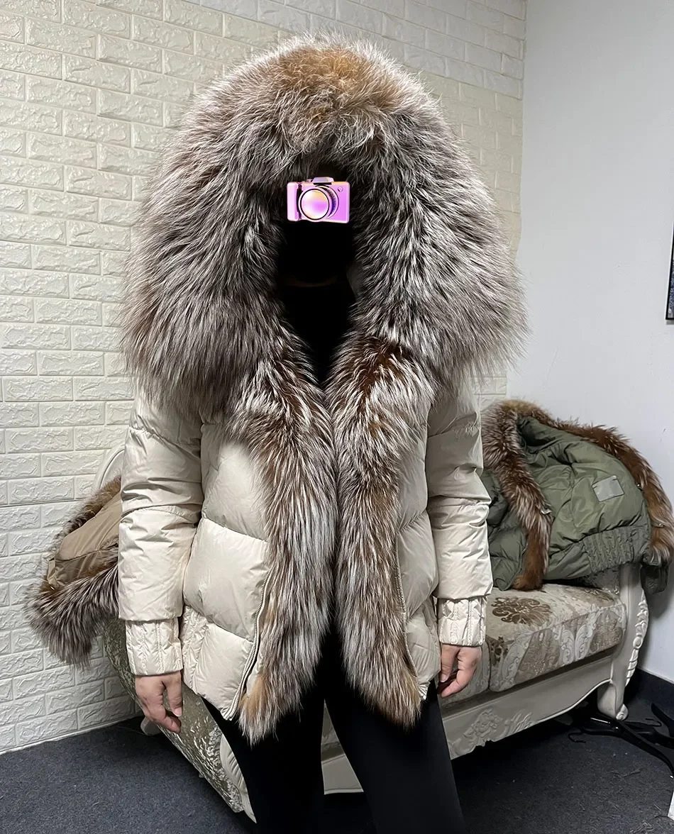 MMK 2023 Winter Women Warm White Duck Down Jacket Natural Real Fox Fur Collar Hood Puffer Coat Thick Luxury Outerwear