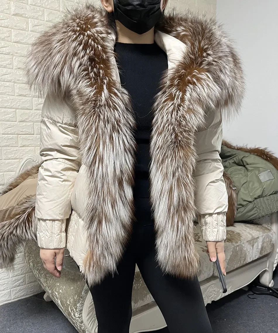 MMK 2023 Winter Women Warm White Duck Down Jacket Natural Real Fox Fur Collar Hood Puffer Coat Thick Luxury Outerwear
