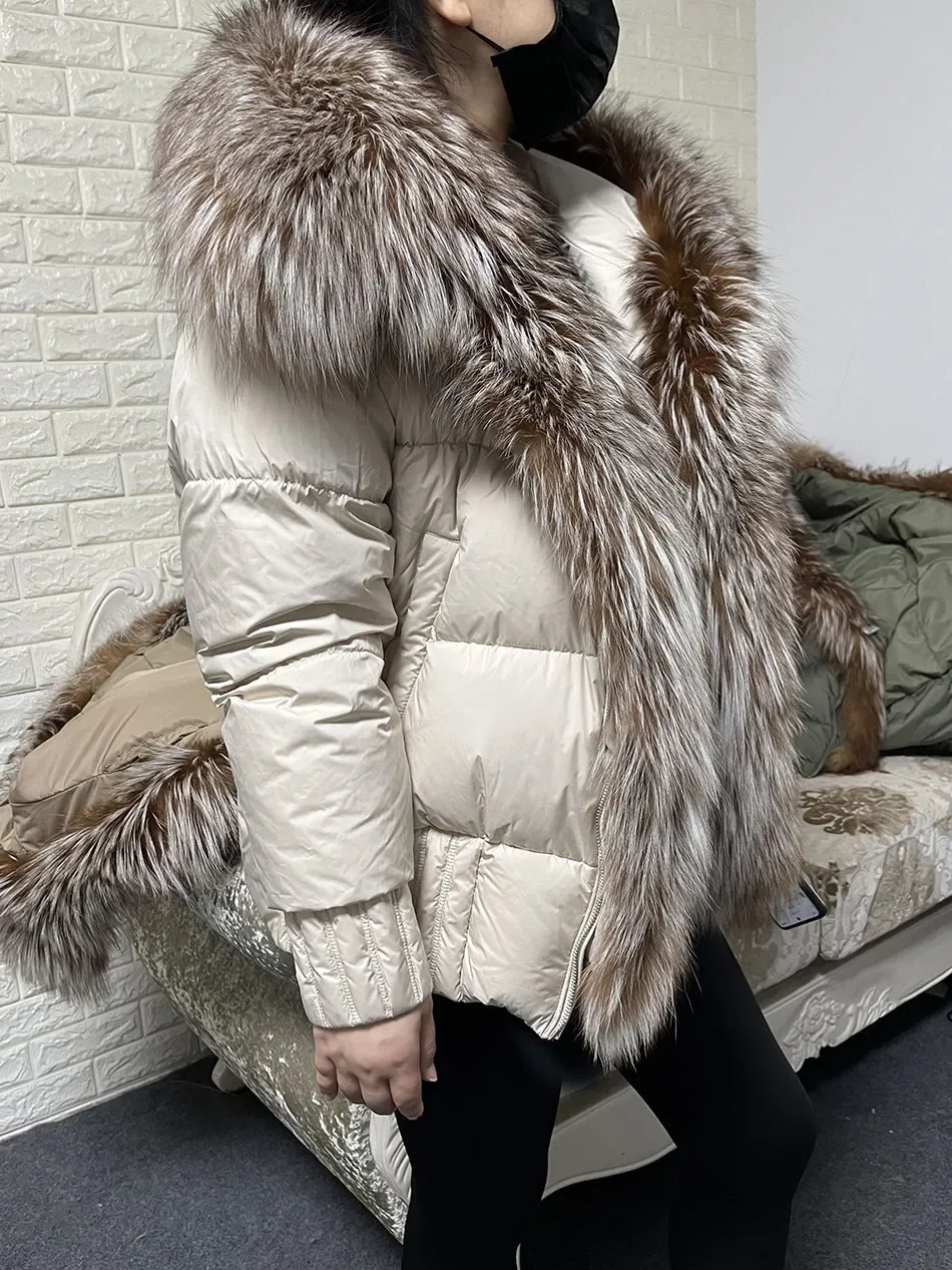MMK 2023 Winter Women Warm White Duck Down Jacket Natural Real Fox Fur Collar Hood Puffer Coat Thick Luxury Outerwear