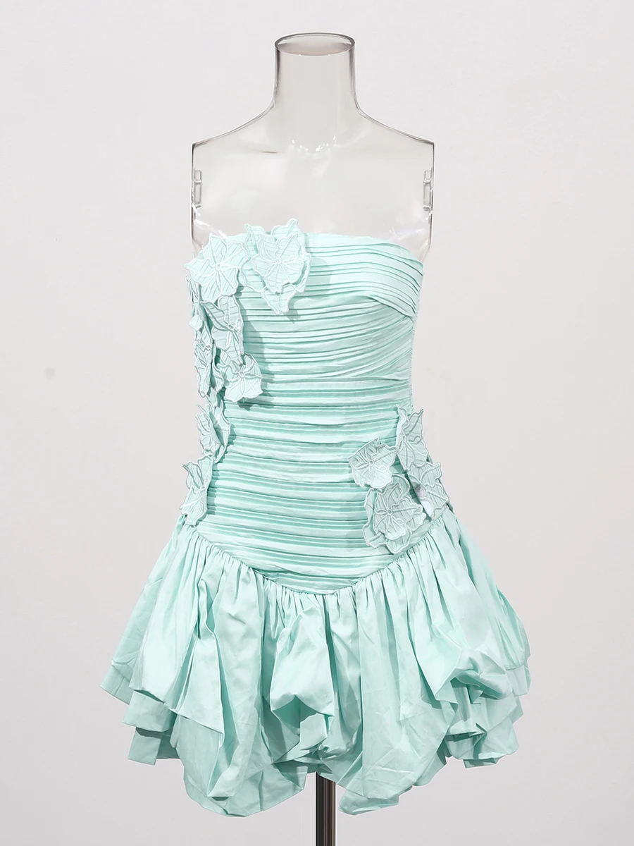 TWOTWINSTYLE Solid Slimming Spliced Folds Elegant Dresses For Women Strapless High Waist Temperament Mini Dreess Female Fashion