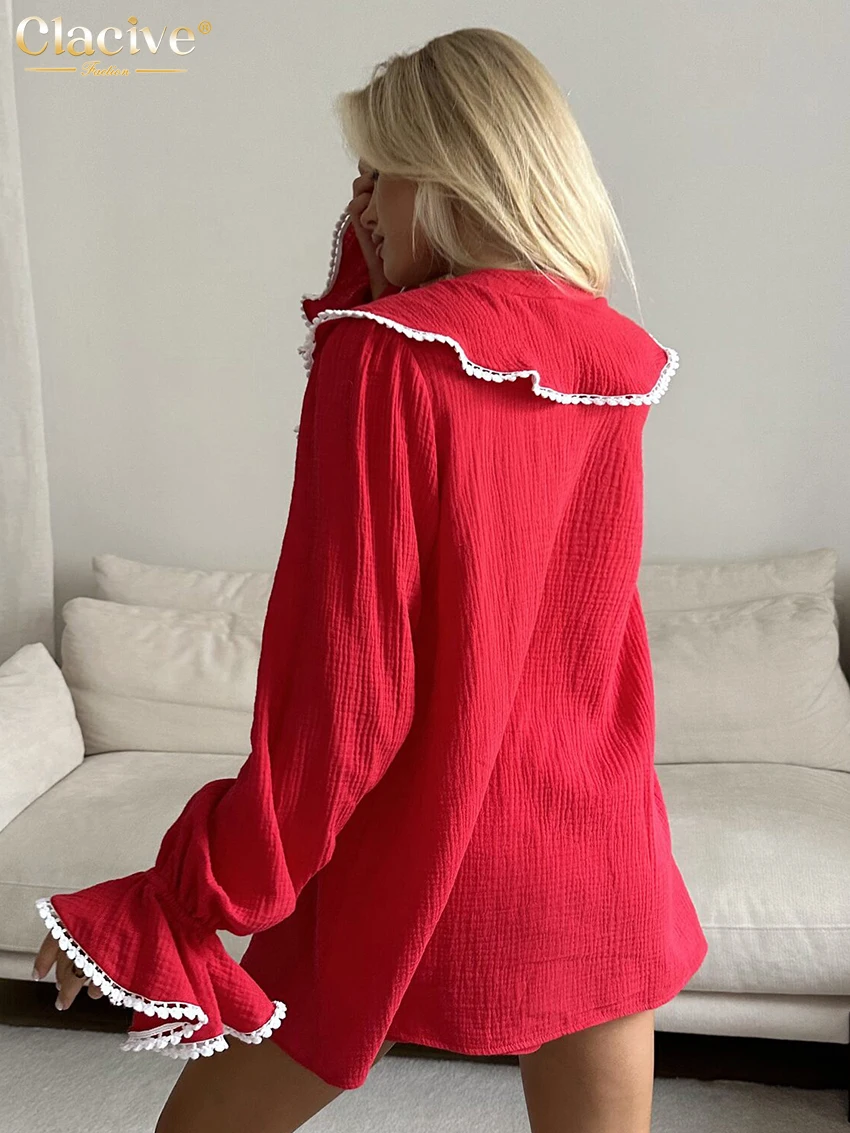 Clacive Fashion Loose Red Cotton 2 Piece Sets Woman Outfit 2025 Elegant Long Sleeve Shirt With High Waist Shorts Set Female