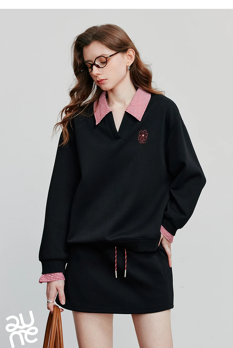 TOYOUTH Women Hoodies Sweatshirt 2025 Autumn New Fake Two Piece Spliced Turn Down Collar Cotton Embroidered Pullover Tops