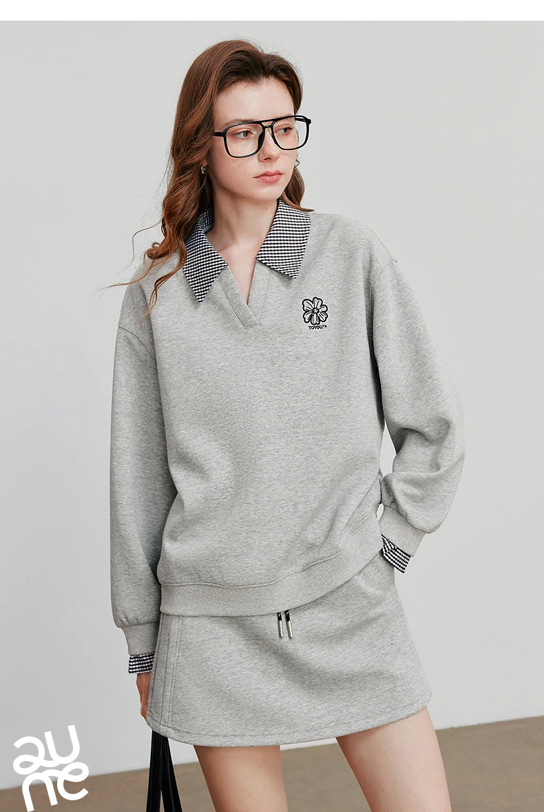 TOYOUTH Women Hoodies Sweatshirt 2025 Autumn New Fake Two Piece Spliced Turn Down Collar Cotton Embroidered Pullover Tops
