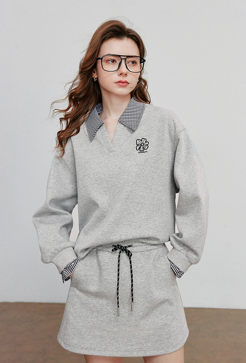 TOYOUTH Women Hoodies Sweatshirt 2025 Autumn New Fake Two Piece Spliced Turn Down Collar Cotton Embroidered Pullover Tops