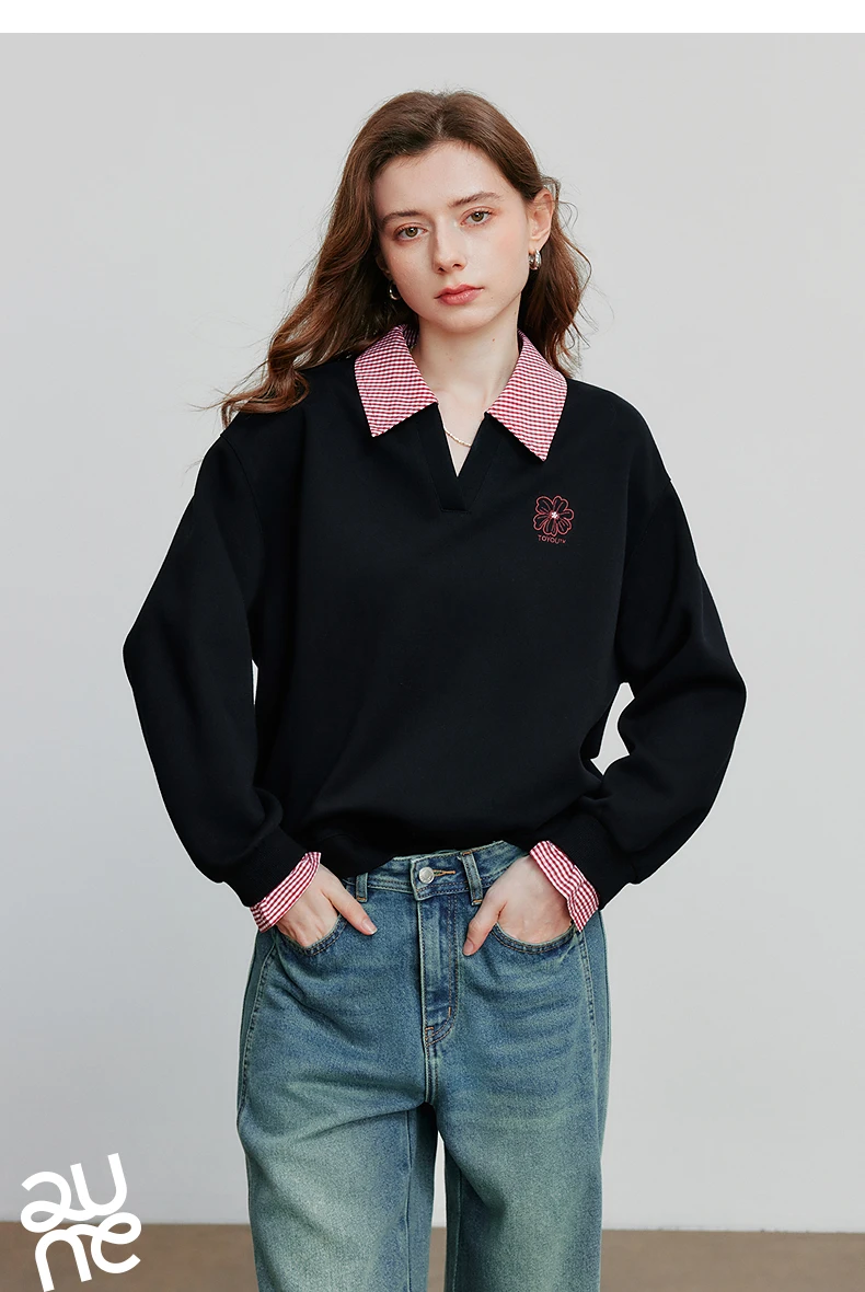 TOYOUTH Women Hoodies Sweatshirt 2025 Autumn New Fake Two Piece Spliced Turn Down Collar Cotton Embroidered Pullover Tops
