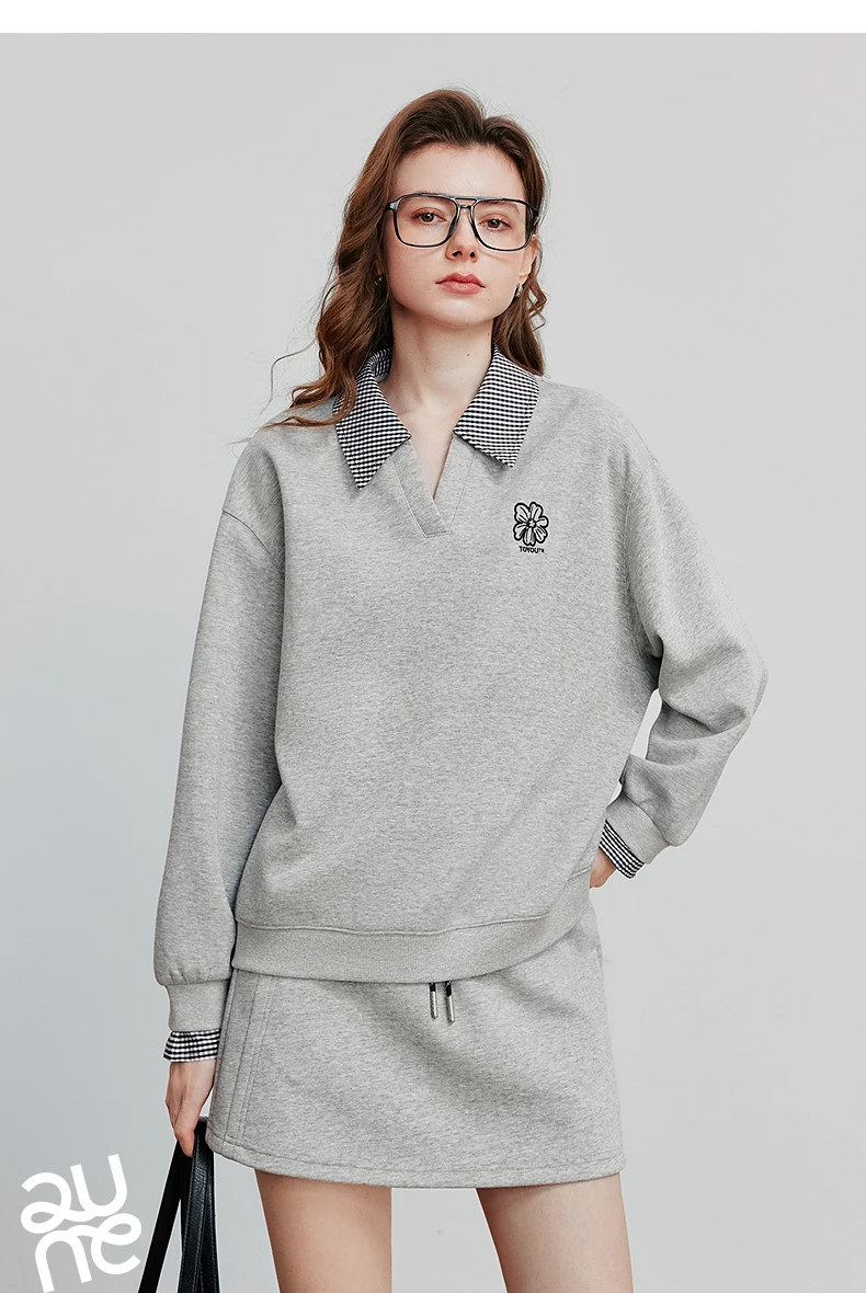 TOYOUTH Women Hoodies Sweatshirt 2025 Autumn New Fake Two Piece Spliced Turn Down Collar Cotton Embroidered Pullover Tops