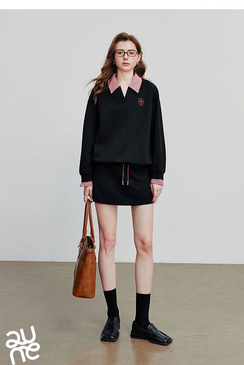 TOYOUTH Women Hoodies Sweatshirt 2025 Autumn New Fake Two Piece Spliced Turn Down Collar Cotton Embroidered Pullover Tops