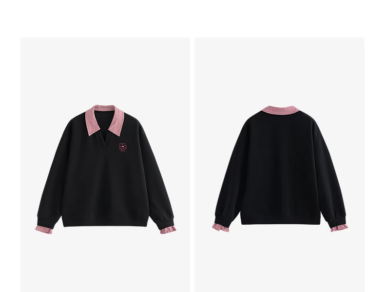 TOYOUTH Women Hoodies Sweatshirt 2025 Autumn New Fake Two Piece Spliced Turn Down Collar Cotton Embroidered Pullover Tops