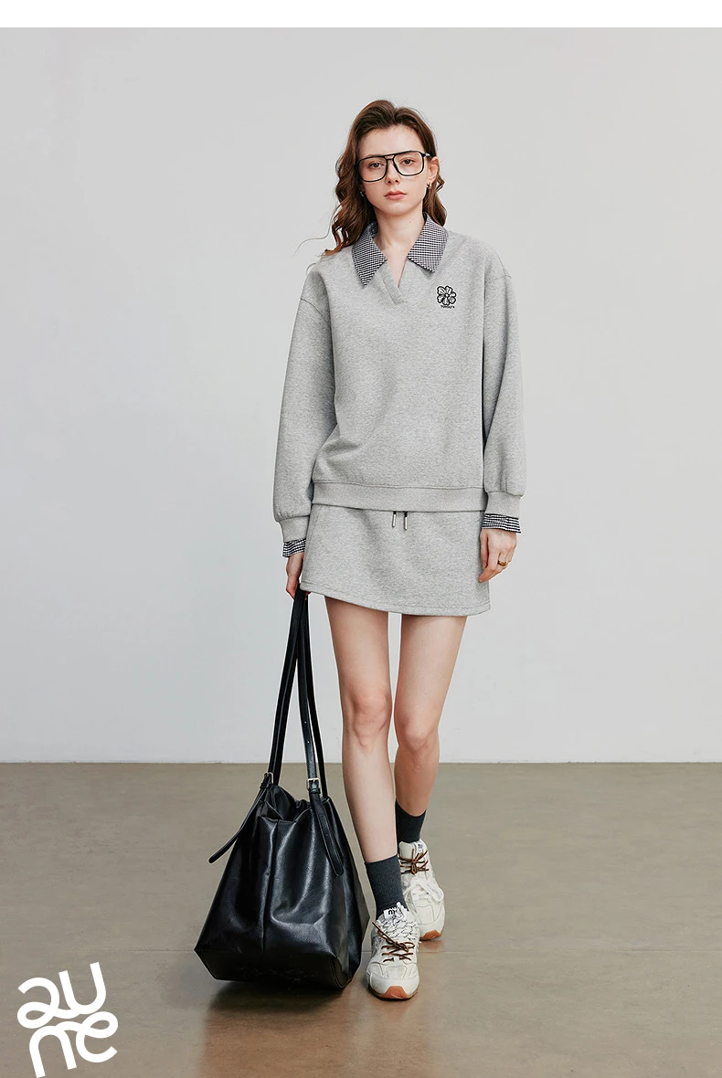 TOYOUTH Women Hoodies Sweatshirt 2025 Autumn New Fake Two Piece Spliced Turn Down Collar Cotton Embroidered Pullover Tops