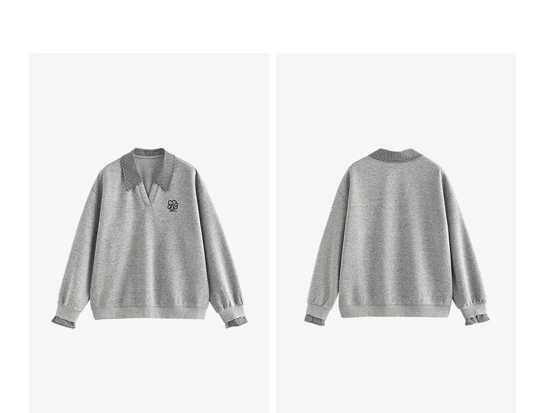 TOYOUTH Women Hoodies Sweatshirt 2025 Autumn New Fake Two Piece Spliced Turn Down Collar Cotton Embroidered Pullover Tops