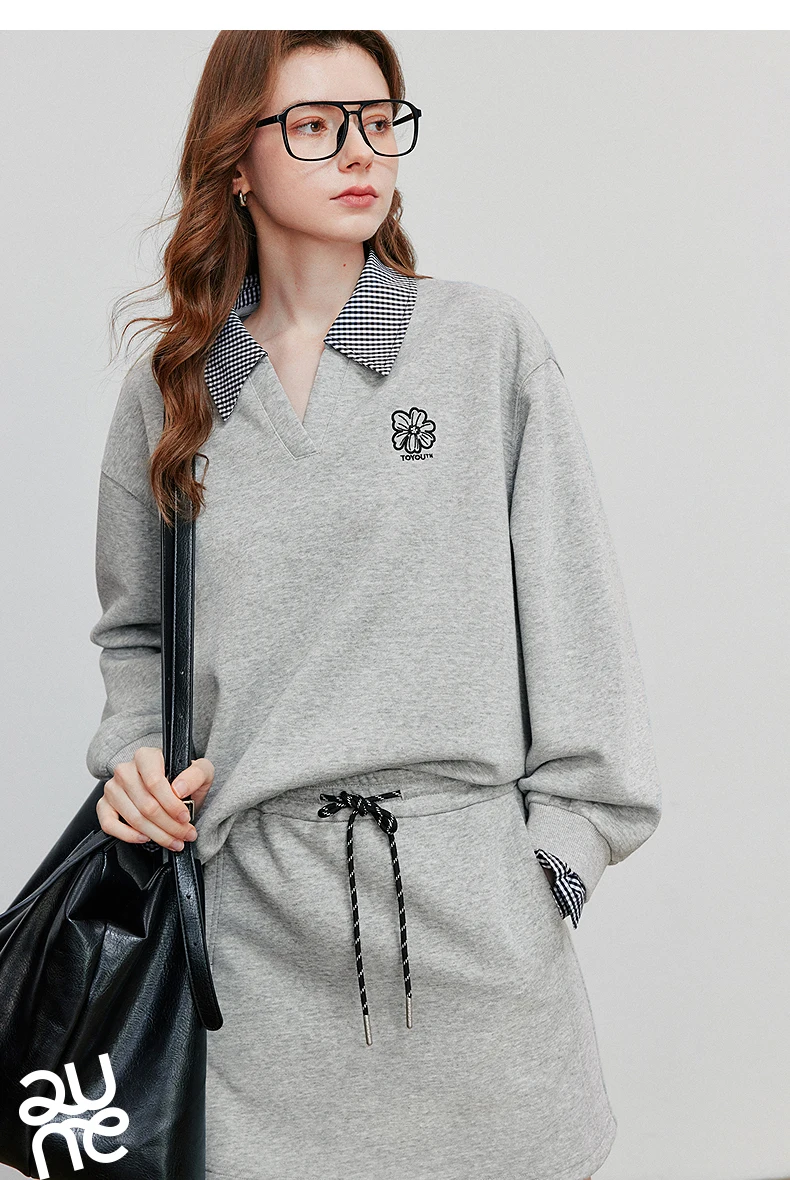 TOYOUTH Women Hoodies Sweatshirt 2025 Autumn New Fake Two Piece Spliced Turn Down Collar Cotton Embroidered Pullover Tops