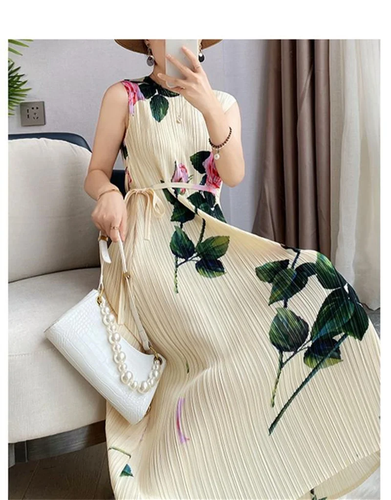 2025 Evening Dresses Womens Dresses Miyake Pleated Rose Print Loose Sleeveless Dress Women's Long Summer new Lace-up Vest kirt