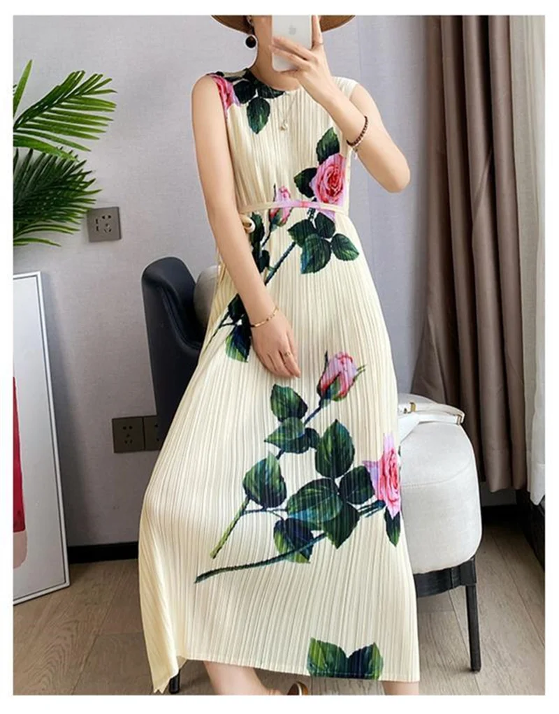 2025 Evening Dresses Womens Dresses Miyake Pleated Rose Print Loose Sleeveless Dress Women's Long Summer new Lace-up Vest kirt