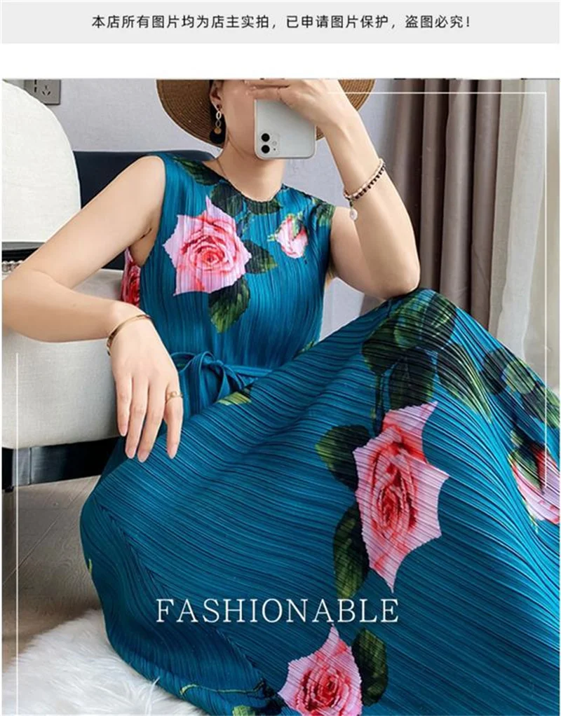 2025 Evening Dresses Womens Dresses Miyake Pleated Rose Print Loose Sleeveless Dress Women's Long Summer new Lace-up Vest kirt