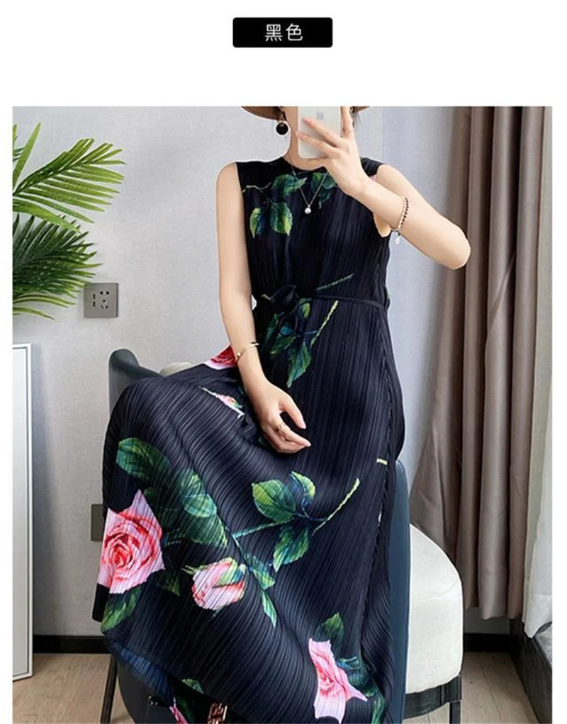 2025 Evening Dresses Womens Dresses Miyake Pleated Rose Print Loose Sleeveless Dress Women's Long Summer new Lace-up Vest kirt