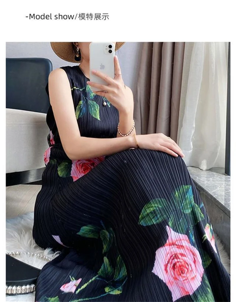 2025 Evening Dresses Womens Dresses Miyake Pleated Rose Print Loose Sleeveless Dress Women's Long Summer new Lace-up Vest kirt