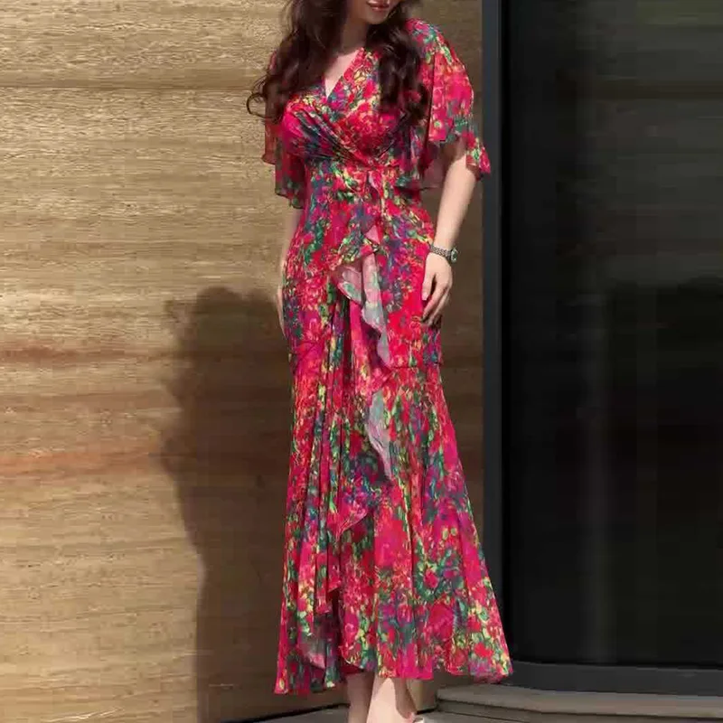 Women's Sexy V Neck High Waist Slim Long Dress Spring Elegant Floral Print Ruffle Evening Dress Summer Short Sleeve Boho Dresses