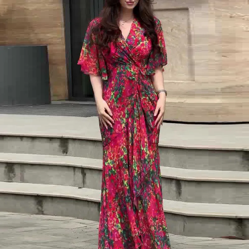 Women's Sexy V Neck High Waist Slim Long Dress Spring Elegant Floral Print Ruffle Evening Dress Summer Short Sleeve Boho Dresses