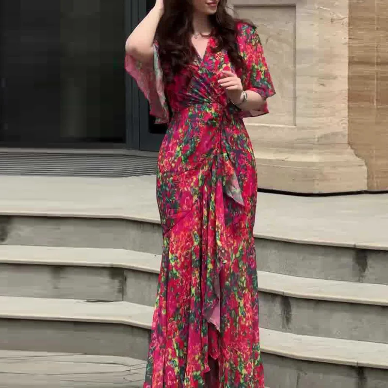 Women's Sexy V Neck High Waist Slim Long Dress Spring Elegant Floral Print Ruffle Evening Dress Summer Short Sleeve Boho Dresses