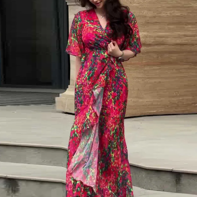 Women's Sexy V Neck High Waist Slim Long Dress Spring Elegant Floral Print Ruffle Evening Dress Summer Short Sleeve Boho Dresses