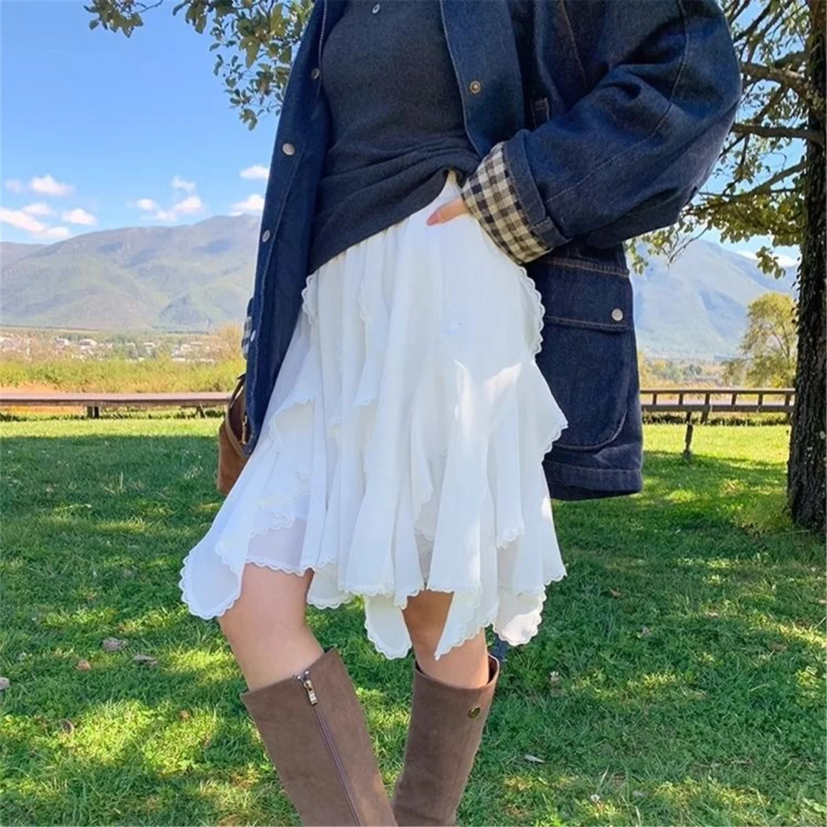Mini Skirts Women Summer 2025 Chiffon Ruched Skirts Woman Clothing 2000s Clothes Y2k Kawaii Black Lace Skirts Kawaii White