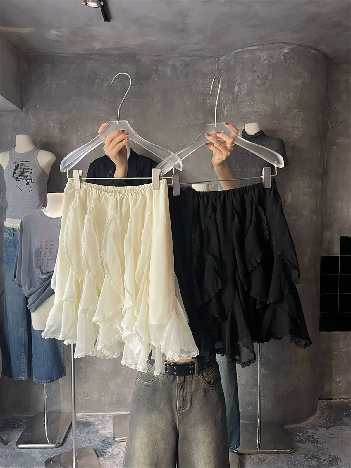 Mini Skirts Women Summer 2025 Chiffon Ruched Skirts Woman Clothing 2000s Clothes Y2k Kawaii Black Lace Skirts Kawaii White