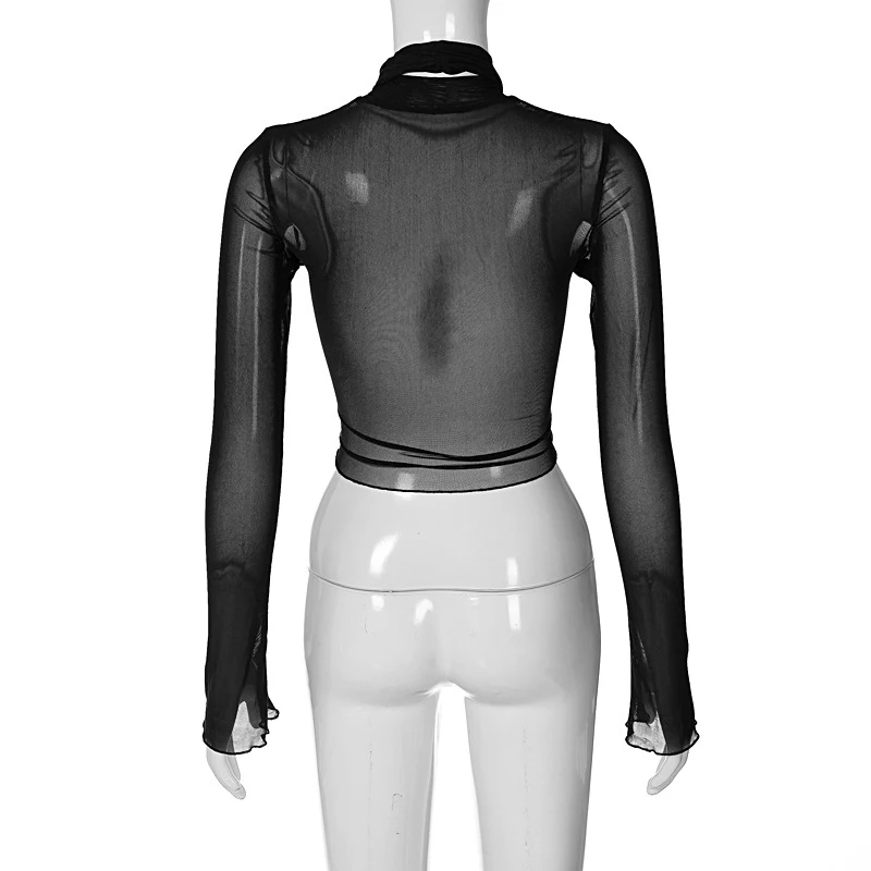 2025 Fashion Mesh High Neck Long Sleeve Red Wrinkle Bandage Sexy Transparent Umbilical T-shirt Top Street Apparel