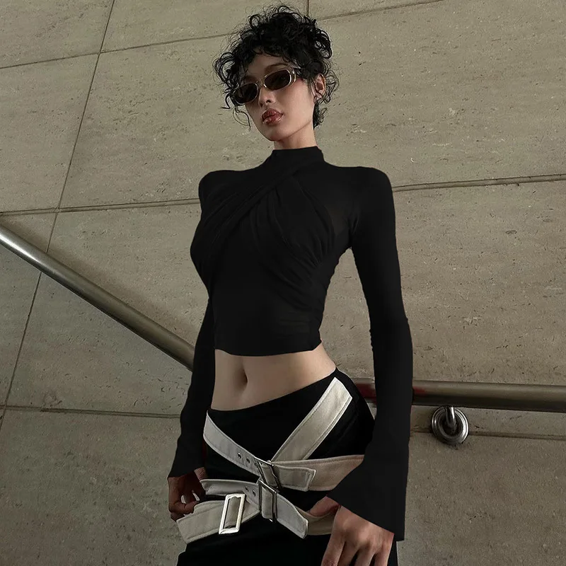 2025 Fashion Mesh High Neck Long Sleeve Red Wrinkle Bandage Sexy Transparent Umbilical T-shirt Top Street Apparel