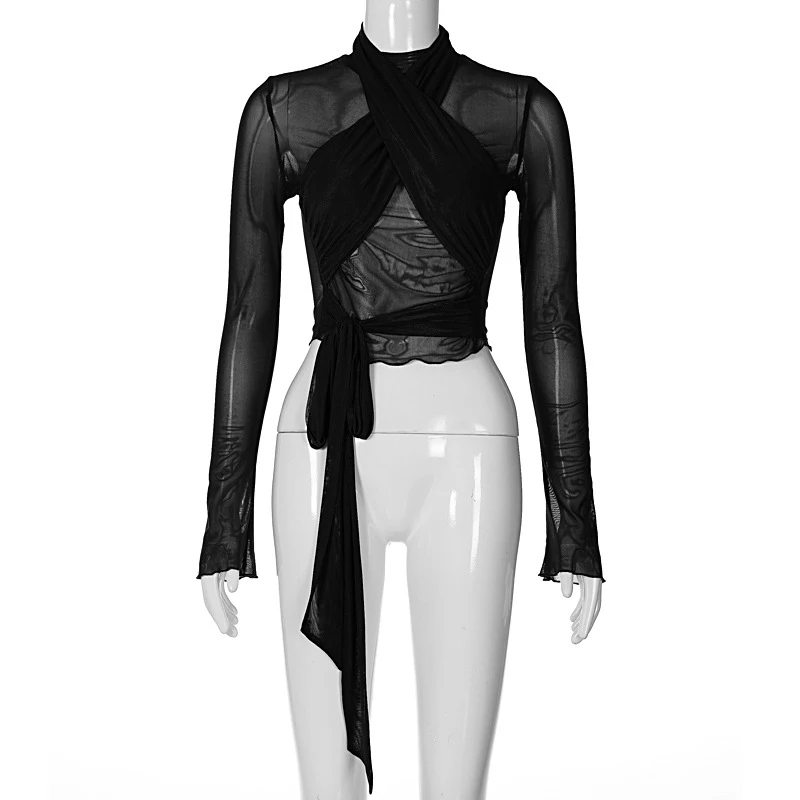 2025 Fashion Mesh High Neck Long Sleeve Red Wrinkle Bandage Sexy Transparent Umbilical T-shirt Top Street Apparel