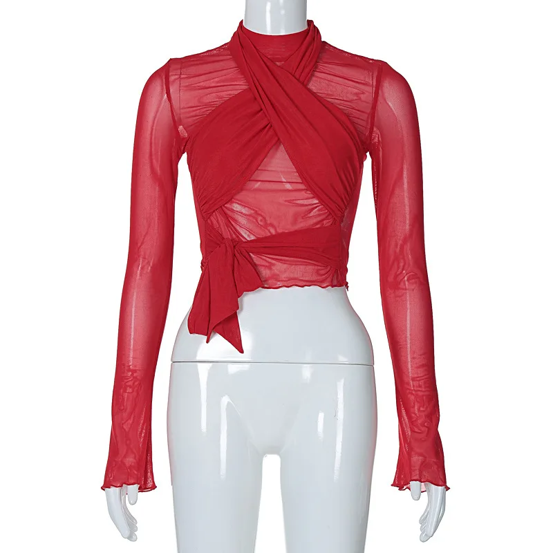 2025 Fashion Mesh High Neck Long Sleeve Red Wrinkle Bandage Sexy Transparent Umbilical T-shirt Top Street Apparel