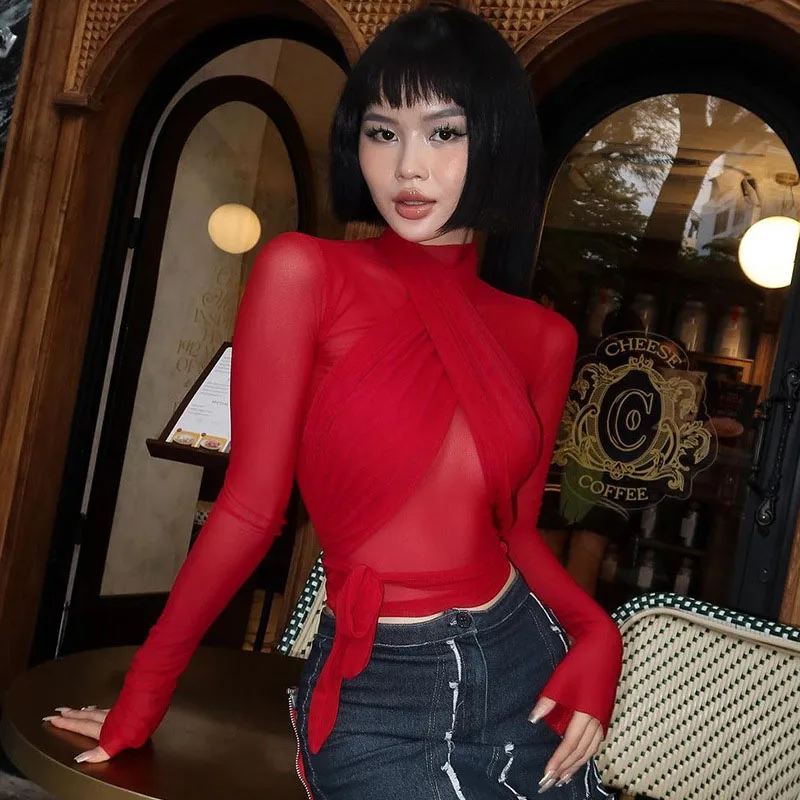 2025 Fashion Mesh High Neck Long Sleeve Red Wrinkle Bandage Sexy Transparent Umbilical T-shirt Top Street Apparel