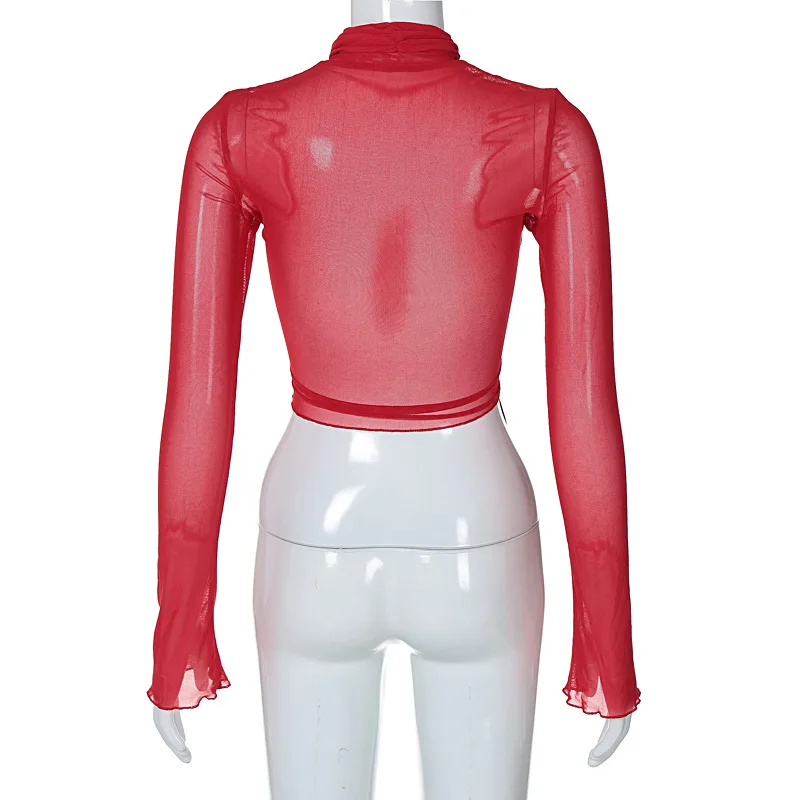 2025 Fashion Mesh High Neck Long Sleeve Red Wrinkle Bandage Sexy Transparent Umbilical T-shirt Top Street Apparel