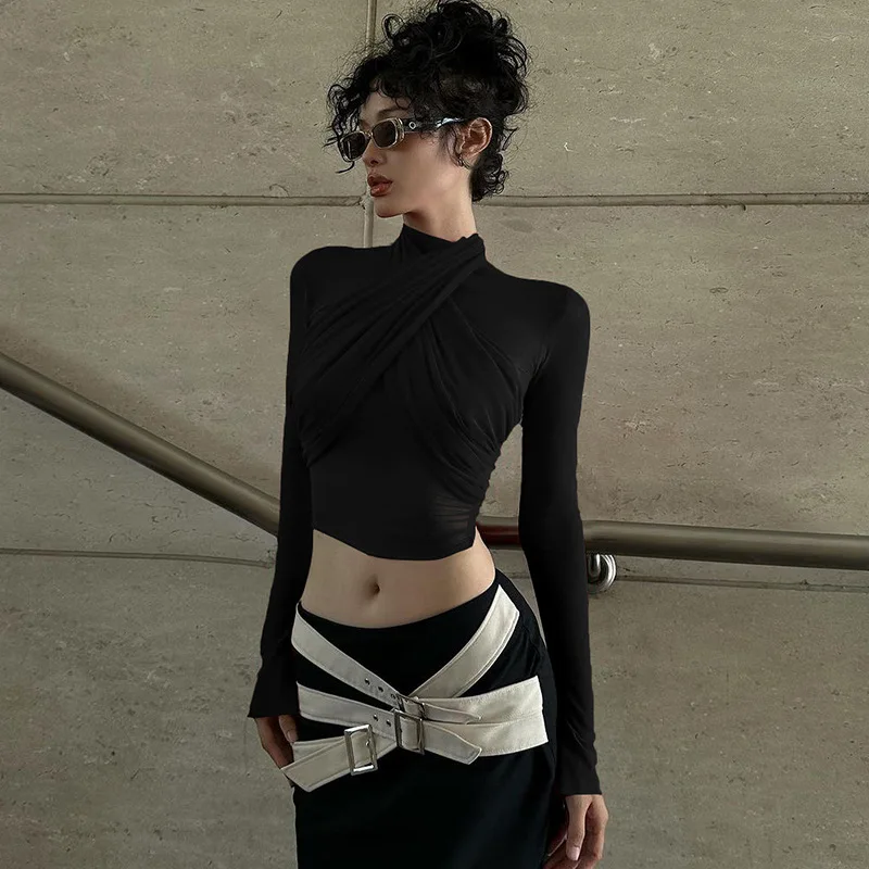 2025 Fashion Mesh High Neck Long Sleeve Red Wrinkle Bandage Sexy Transparent Umbilical T-shirt Top Street Apparel