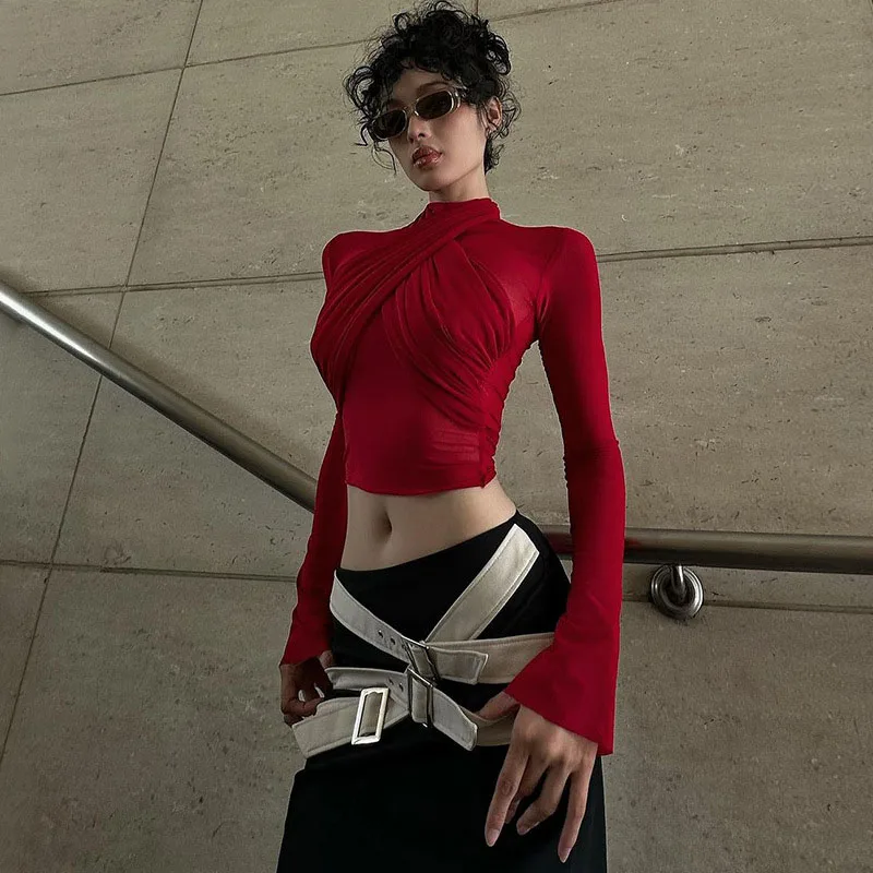 2025 Fashion Mesh High Neck Long Sleeve Red Wrinkle Bandage Sexy Transparent Umbilical T-shirt Top Street Apparel