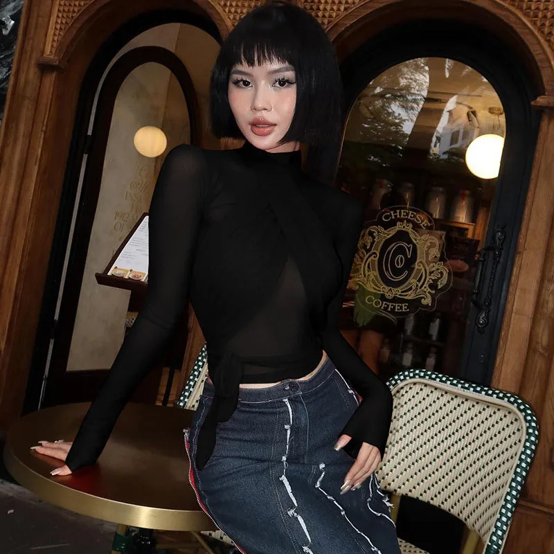 2025 Fashion Mesh High Neck Long Sleeve Red Wrinkle Bandage Sexy Transparent Umbilical T-shirt Top Street Apparel