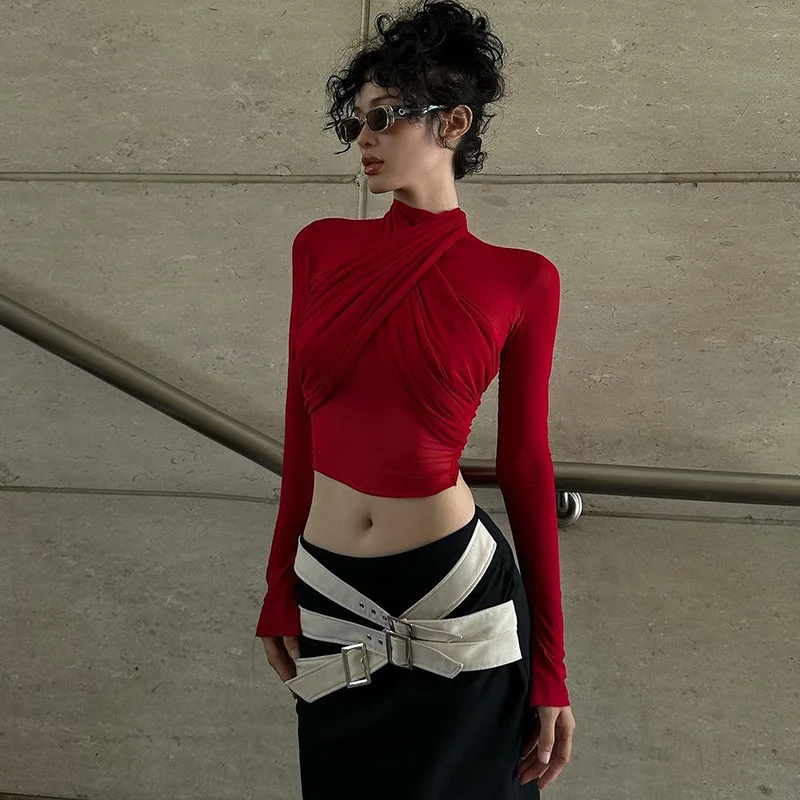 2025 Fashion Mesh High Neck Long Sleeve Red Wrinkle Bandage Sexy Transparent Umbilical T-shirt Top Street Apparel