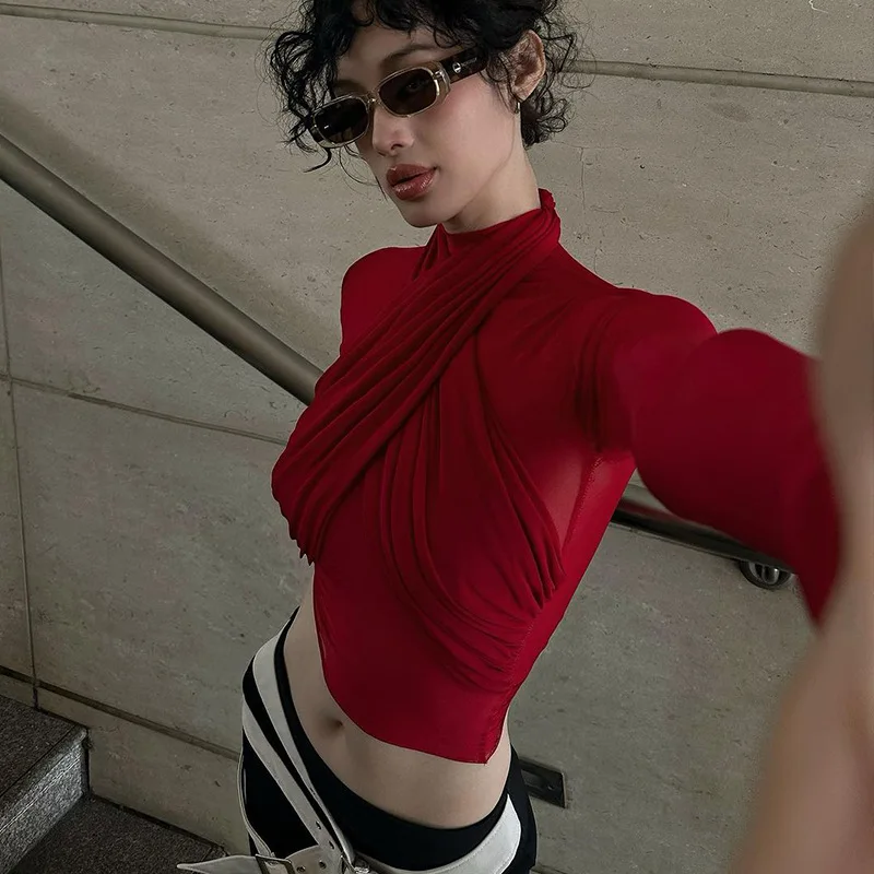 2025 Fashion Mesh High Neck Long Sleeve Red Wrinkle Bandage Sexy Transparent Umbilical T-shirt Top Street Apparel