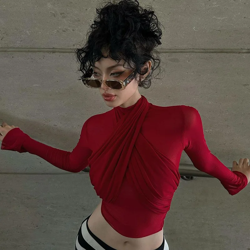 2025 Fashion Mesh High Neck Long Sleeve Red Wrinkle Bandage Sexy Transparent Umbilical T-shirt Top Street Apparel