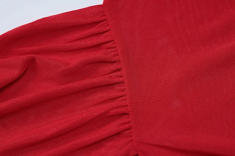2025 Fashion Mesh High Neck Long Sleeve Red Wrinkle Bandage Sexy Transparent Umbilical T-shirt Top Street Apparel