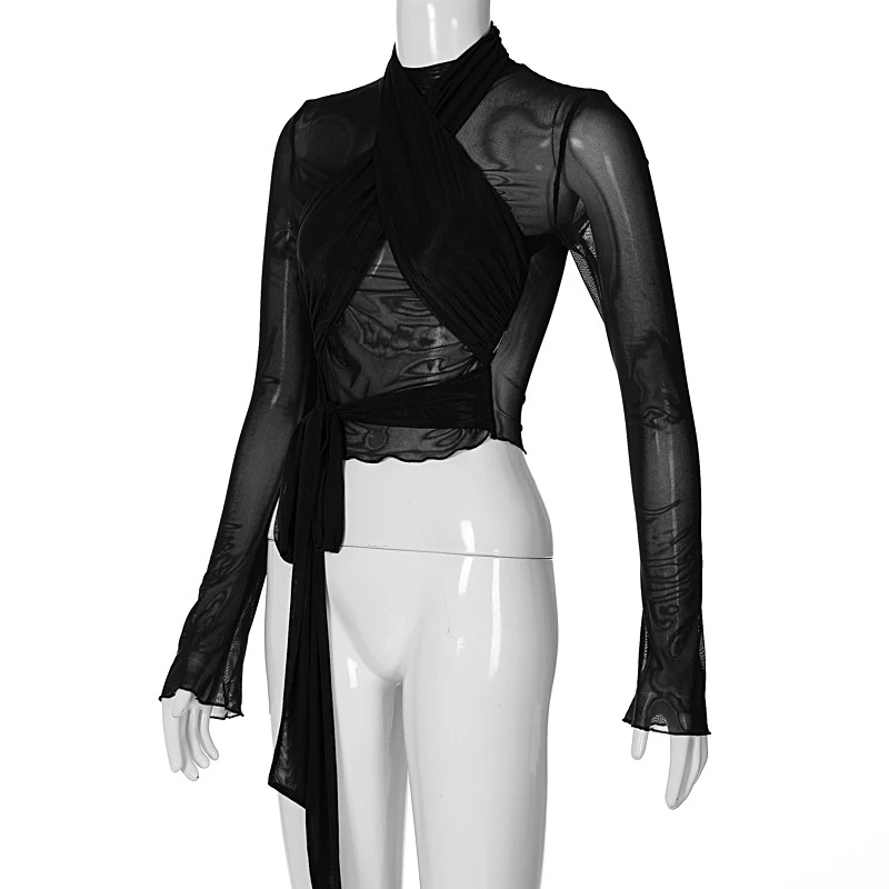 2025 Fashion Mesh High Neck Long Sleeve Red Wrinkle Bandage Sexy Transparent Umbilical T-shirt Top Street Apparel