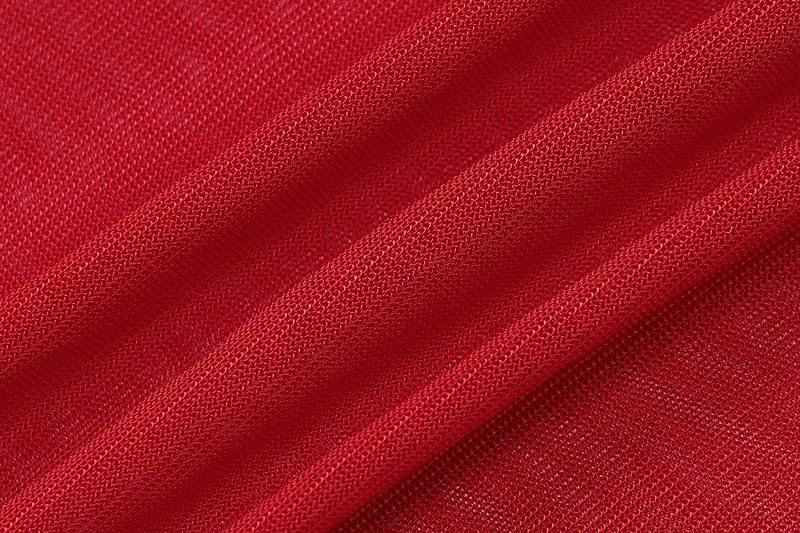 2025 Fashion Mesh High Neck Long Sleeve Red Wrinkle Bandage Sexy Transparent Umbilical T-shirt Top Street Apparel