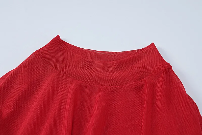 2025 Fashion Mesh High Neck Long Sleeve Red Wrinkle Bandage Sexy Transparent Umbilical T-shirt Top Street Apparel
