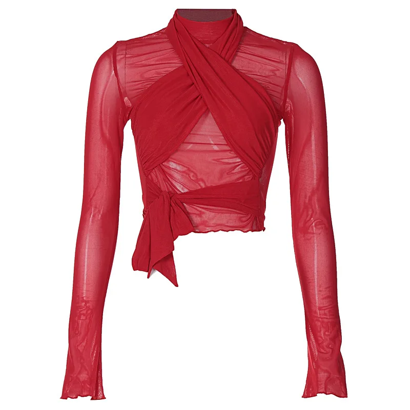 2025 Fashion Mesh High Neck Long Sleeve Red Wrinkle Bandage Sexy Transparent Umbilical T-shirt Top Street Apparel