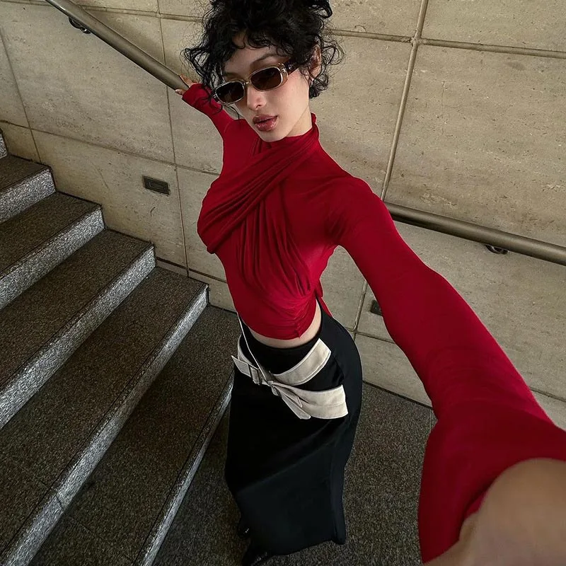 2025 Fashion Mesh High Neck Long Sleeve Red Wrinkle Bandage Sexy Transparent Umbilical T-shirt Top Street Apparel